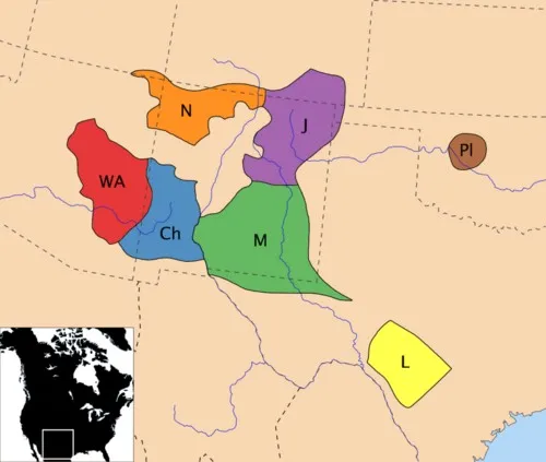 Map showing the approximate locations of Apache tribes in the late 18th century