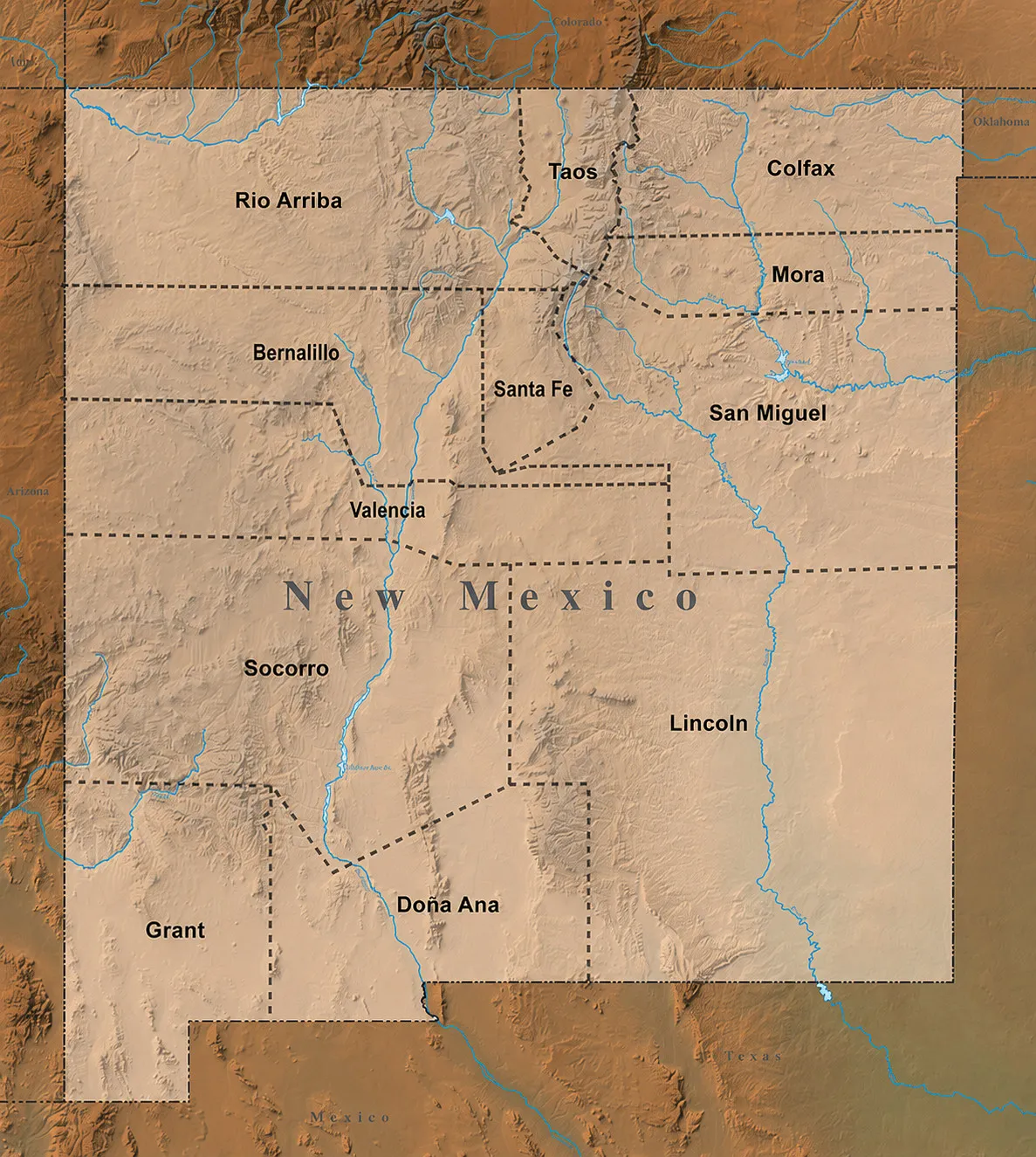 Historic map showing New Mexico Territory counties in the 1880s